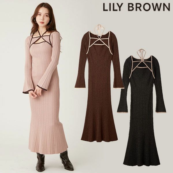 即納】 リリーブラウン LILY BROWN ワンピース 24秋冬 デコルテデザインリブニットワンピース 長袖 ロング丈 ニットワンピ ドレス  lwno244113 | DOUBLE HEART(ダブルハート) オンラインセレクトショップ